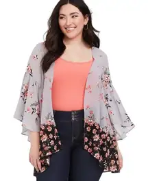 Torrid Plus Size 3X 4X Shrug Gray Floral Bell Sleeve Kimono Cardigan Sheer 1797
