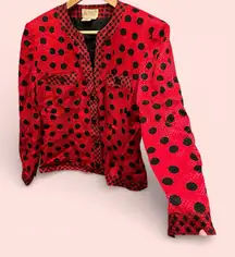 Swanky vintage 80s-90s red silk polka dot plaid lightweight lined blazer pockets
