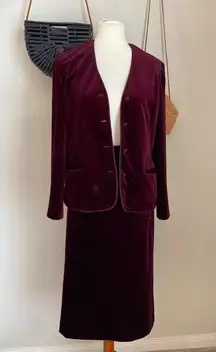 Vintage Act III Burgundy Velour Two Piece Skirt Suit Set, Size 14