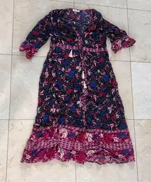 R Vivimos Blue and Pink Ruffled Tiered Maxi Sundress with Bell Sleeves Sz L