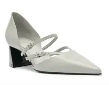 Schutz Mid Rue Gray Leather Mid Block Heel Pointed Toe Double Straps (Read) 7.5