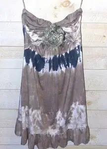 VINTAGE HAVANA Women’s Boho Tie Dye Strapless Embroidered Ruffle Hem Dress