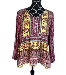 Coco + Carmen Colorful Floral Print Vneck Empire Waist Boho Blouse Size S/M