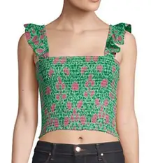 Banjanan Iris Smocked Ruffle Crop Top XS Jade Tulip Rose