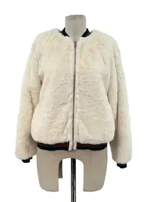 Lavender Brown Cream Ivory Faux Fur Bomber Jacket Green‎ Red Trim Size XS