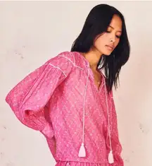 LoveShackFancy Hot Pink Prairie Cotton Peasant Blouse Floral Print Cottagecore S