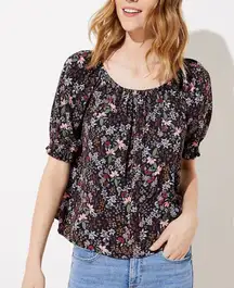 Loft Black Pink Red Orange Floral Print Garden Smocked Peasant Top Large