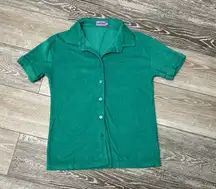Sz S Green Terrycloth Short Sleeve Top Button Down Shirt Terry Cloth