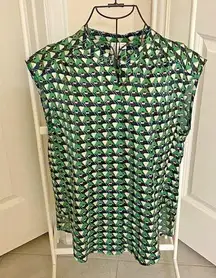 Joie Womens Green Geometric Sleeveless Blouse NWT High Neckline‎ Hidden Placket