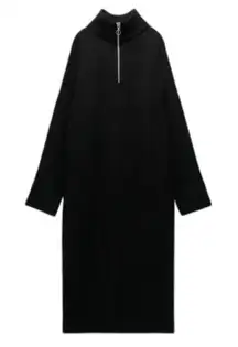 Zara Quarter Zip Maxi Sweater Dress with Ribbed Knit Trim in Black size Small