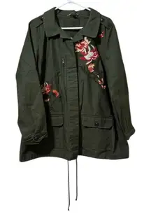 CJ Banks Jacket Women Size 1XL Green Floral Embroidered Boho Cottagecore Peasant