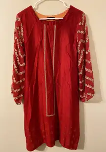 Dhanak Pakistan Women's Red Gold Embroidered‎ Kurta Kurti Tunic Size Medium