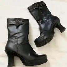 90s/2000s Y2K  Chunky Platform Ankle Mid-Calf Boots Black Man-Made Leather Womens 7.5 3” heel #goth #punk #biker #grunge #whimsygoth  Excellent Preloved condition but might have some minor marks, scratches