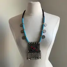 Vintage Kuchi Coin Tribal Box Pendant Necklace Bohemian Silver and Blue Beaded