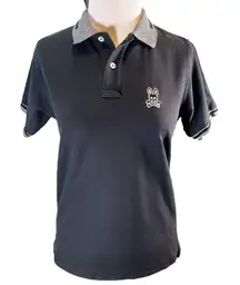 Psycho Bunny‎ Pima Cotton Polo Shirt Skull Bunny Logo Black Gray Trim Small