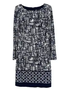 Jones New York Shift Dress Blue White Mixed Pattern Long Sleeve Office Size 8