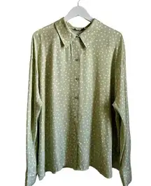 Vince  Stone Dot Silk Blend Button Down Shirt or Blouse in Celery Green 3XL NWT