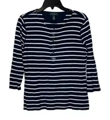 LRL Lauren Jeans Co. Striped Henley Top Women Medium 3/4‎ Sleeve Front Button