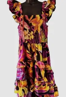 Truth NYC L Hi Low Dress Black Yellow Floral Smock Ruffled Boho Bold Statement