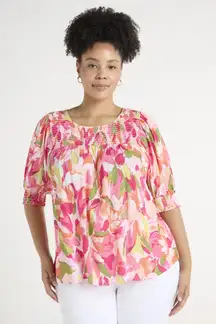 Terra Sky Floral Peasant Top Size 2X Pink Multicolor Smocked Stretch Boho Bright