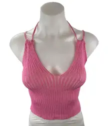 Geel Women's Pink Ribbed Knit Strappy Halter V Neck Cami Tank Crop Top Size M