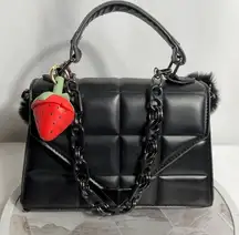 Black Quilted Faux Leather Handbag With Chain Strap And Strawberry Charm
