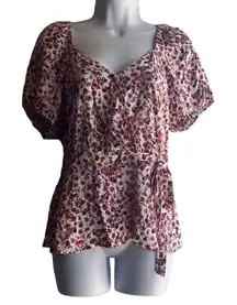 Mason & Belle Pink Floral Faux Wrap Tie Belt Top Puff Sleeve Medium NWT Cottage