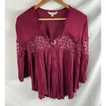 Charming Charlie Boho Lace detail Pink Blouse Size Small