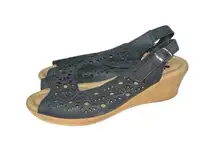 Spring Step Orella Italian Leather Faux Cork Boho Wedge Sandal Black Size 8
