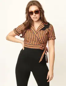 Unique Vintage NWT  50’s Western Black/Orange Plaid Wrap Star Crop Top 2X-LARGE