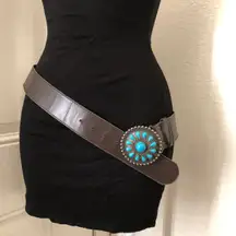 Brown belt with turquoise flower detail, featuring a silver tone metal buckle #boho #western #indie #fairycore #mermaidcore  Fits As Women’s XL