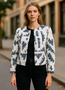 NWT Quilted Jacket Geometric Pattern, Size M, Casual Open-Front Coat Cotton