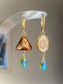 Handmade unique retro vintage fairy boho style dangle earrings w/ quality Czech glass beads mix 🌀🍃💛