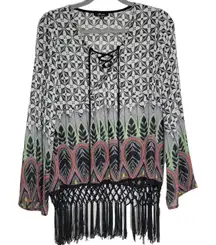 Monteau Black White Geometric Fringe Lace Up Blouse Top‎ Size S