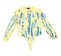 Missguided bodysuit butter yellow blue tie dye cheeky‎ thong long sleeve