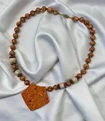 Vintage Orange Brown Beaded Natural Stone Geometric Large Pendant Necklace