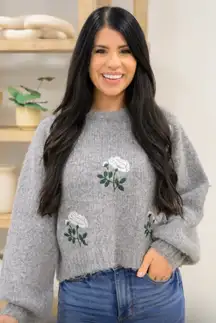 Miss Sparkling Grey Sweater with Embroidered Flowers XL NEW