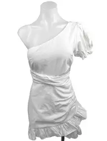 NEW Seven Wonders Emiline White One Shoulder Puff Sleeve Ruffle Mini Dress Sz 4