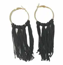 None Bohemian Boho Fringe Tassel Hoop Earrings Black Tassels Statement Earrings Small