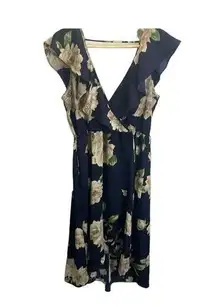 Soprano Navy Blue Ruffle Floral Maxi Dress. Short Sleeved S V-neck Flowy