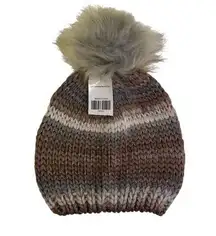 NWT Copper Metallic Striped With Faux Fur Pom Pom Beanie