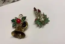 Lot Of 2 Gold Tone Vintage Costume Brooches Christmas Holiday Candles / Bell