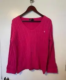 Vintage Lauren Ralph Lauren Sweater Womens Hot Pink V Neck Cable Knit Size XL