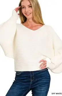 Boat Neck Balloon Sleeve Sweater in Off White