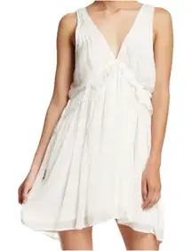 Free People White Rio Grande Ruffle V Neck Sleeveless Mini Dress M Boho Festival