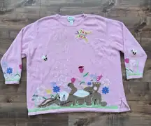 Vintage Quacker Factory Sweater 3XL Pink Easter Bunny Rabbit Cottagecore Grandma