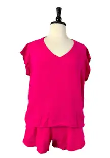 Three Dots Short Set Double Gauze Cotton 4” Inseam V Neck Hot Pink Women’s XXL