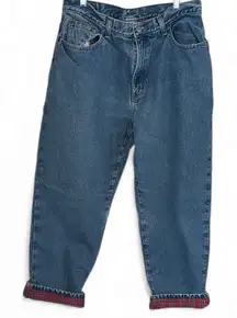 LL Bean jean Blue Denim lined Red Plaid flannel Cabincore 16 petite mom Jeans