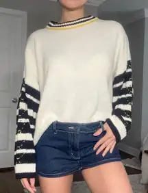 Top shop oversized puff striped sleeve mock neck cable knit sweater medium