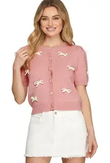 She + Sky Short Sleeve Crewneck Button Up 3D Bowknot Knitwear Cardigan Sz S NWT‎
